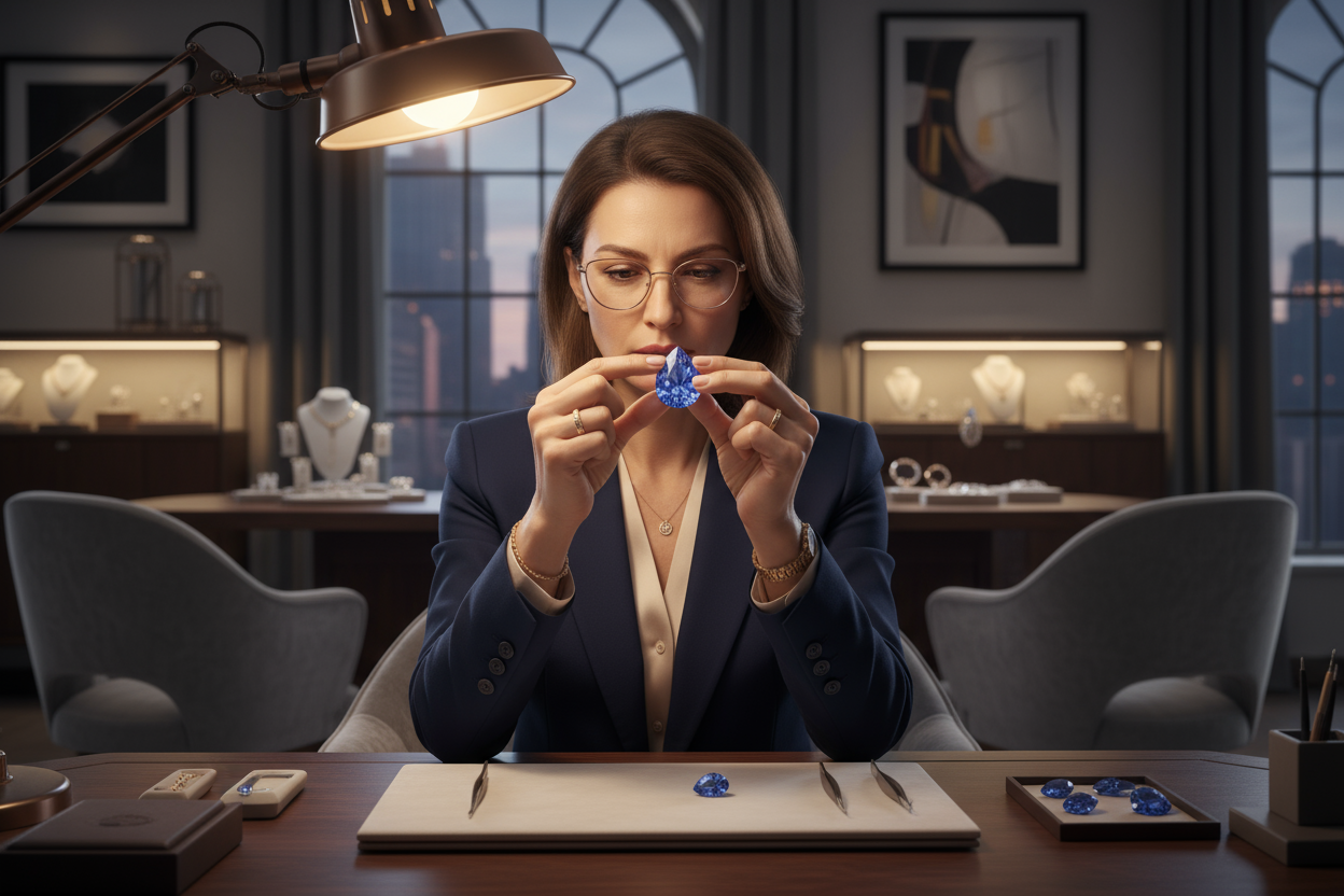 woman examining gemstone with her hands